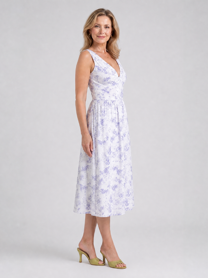 Sleeveless Floral V Neck Midi Dress